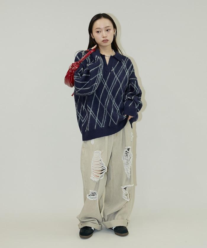 格紋仿馬海毛V領針織衫