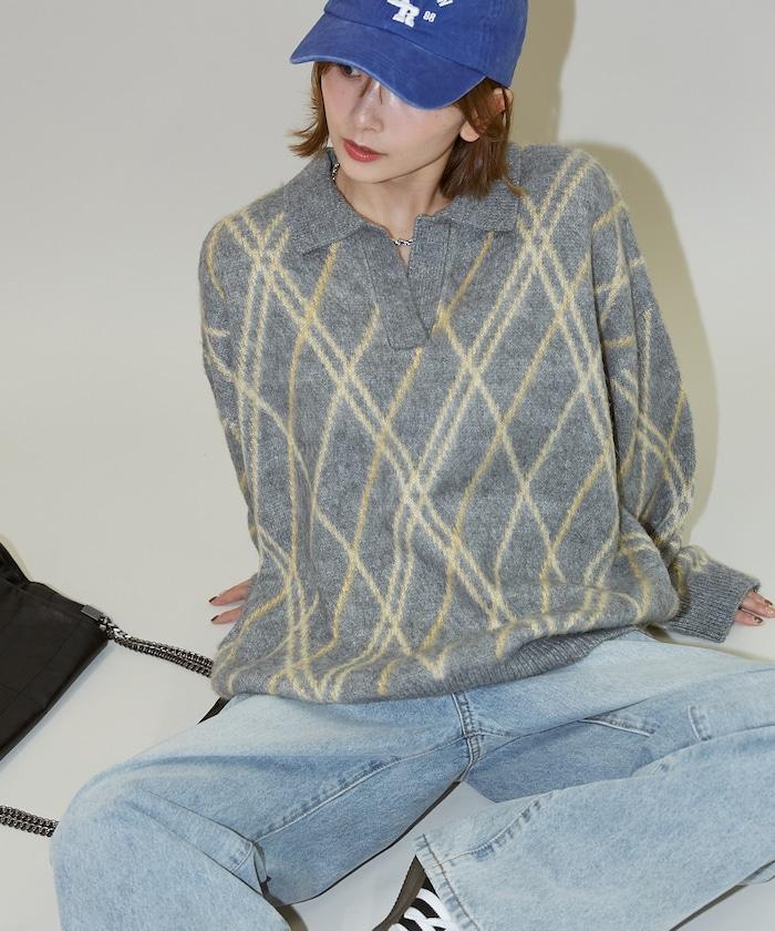 格紋仿馬海毛V領針織衫