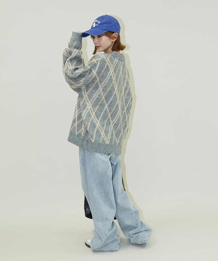 格紋仿馬海毛V領針織衫