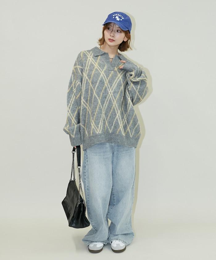 格紋仿馬海毛V領針織衫