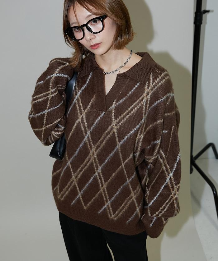 格紋仿馬海毛V領針織衫