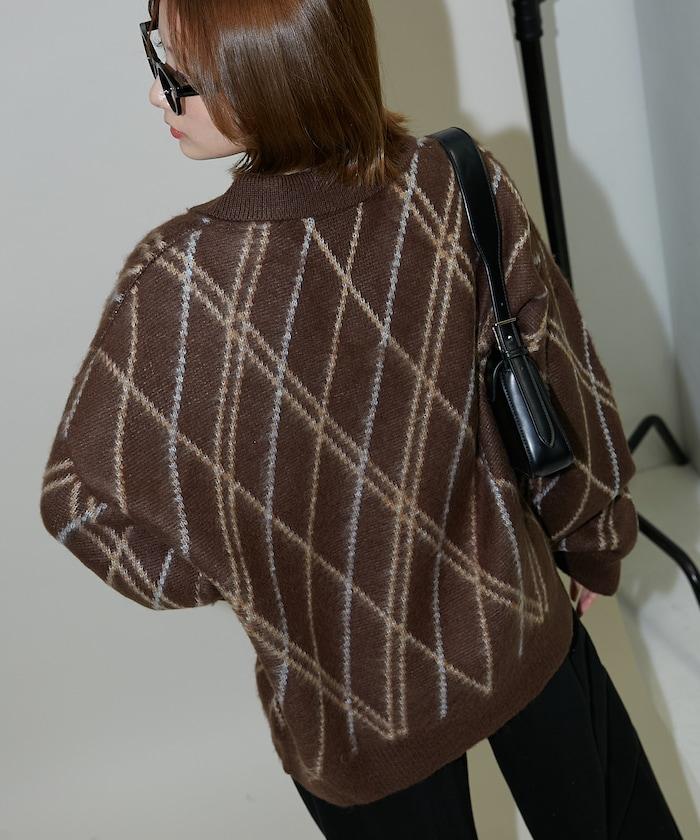 格紋仿馬海毛V領針織衫