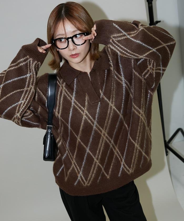 格紋仿馬海毛V領針織衫
