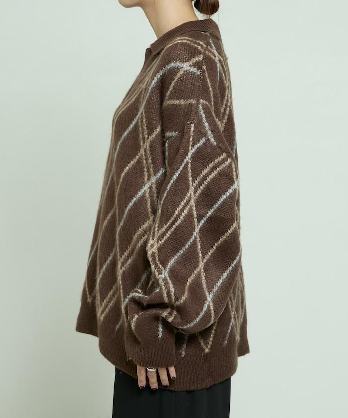 格紋仿馬海毛V領針織衫