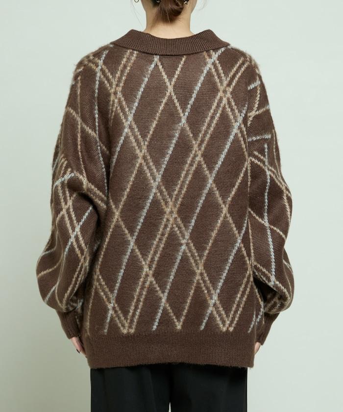 格紋仿馬海毛V領針織衫