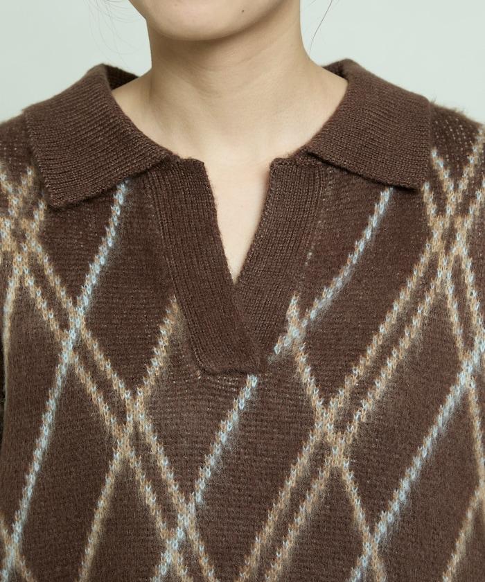 格紋仿馬海毛V領針織衫