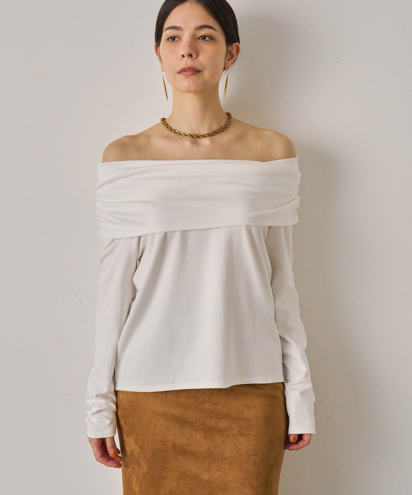 【Loungedress】一字肩褶皺針織衫
