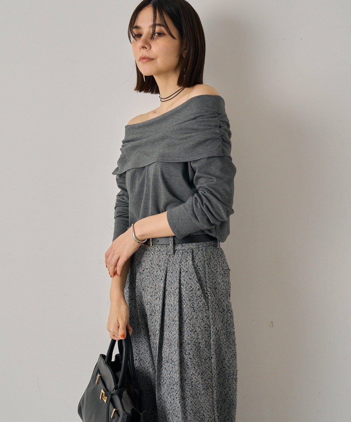 【Loungedress】一字肩褶皺針織衫