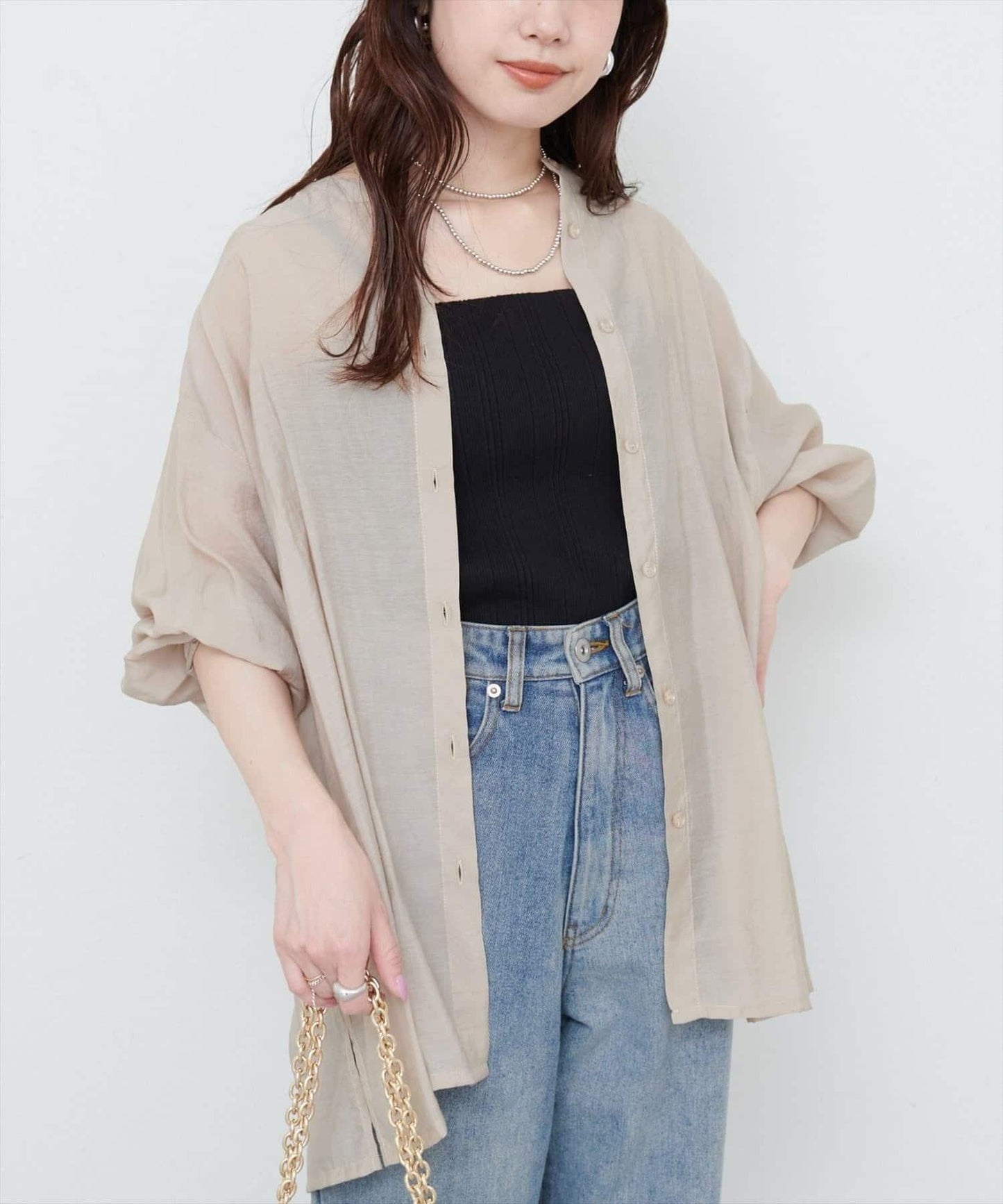 【natural couture】立領側開衩透視襯衫