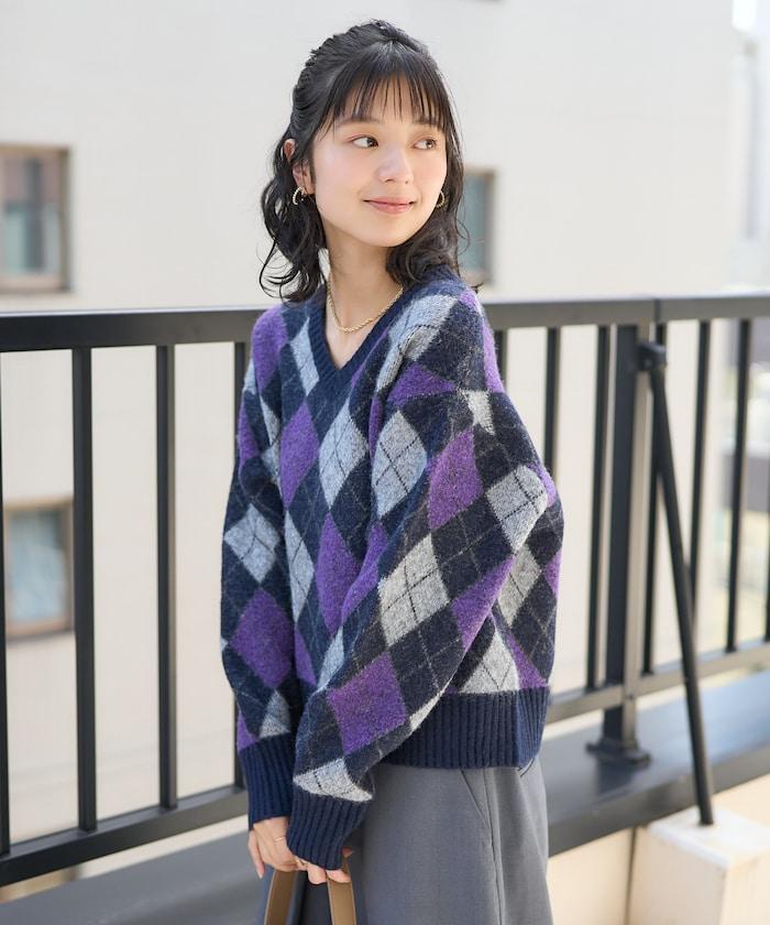 菱格V領針織衫