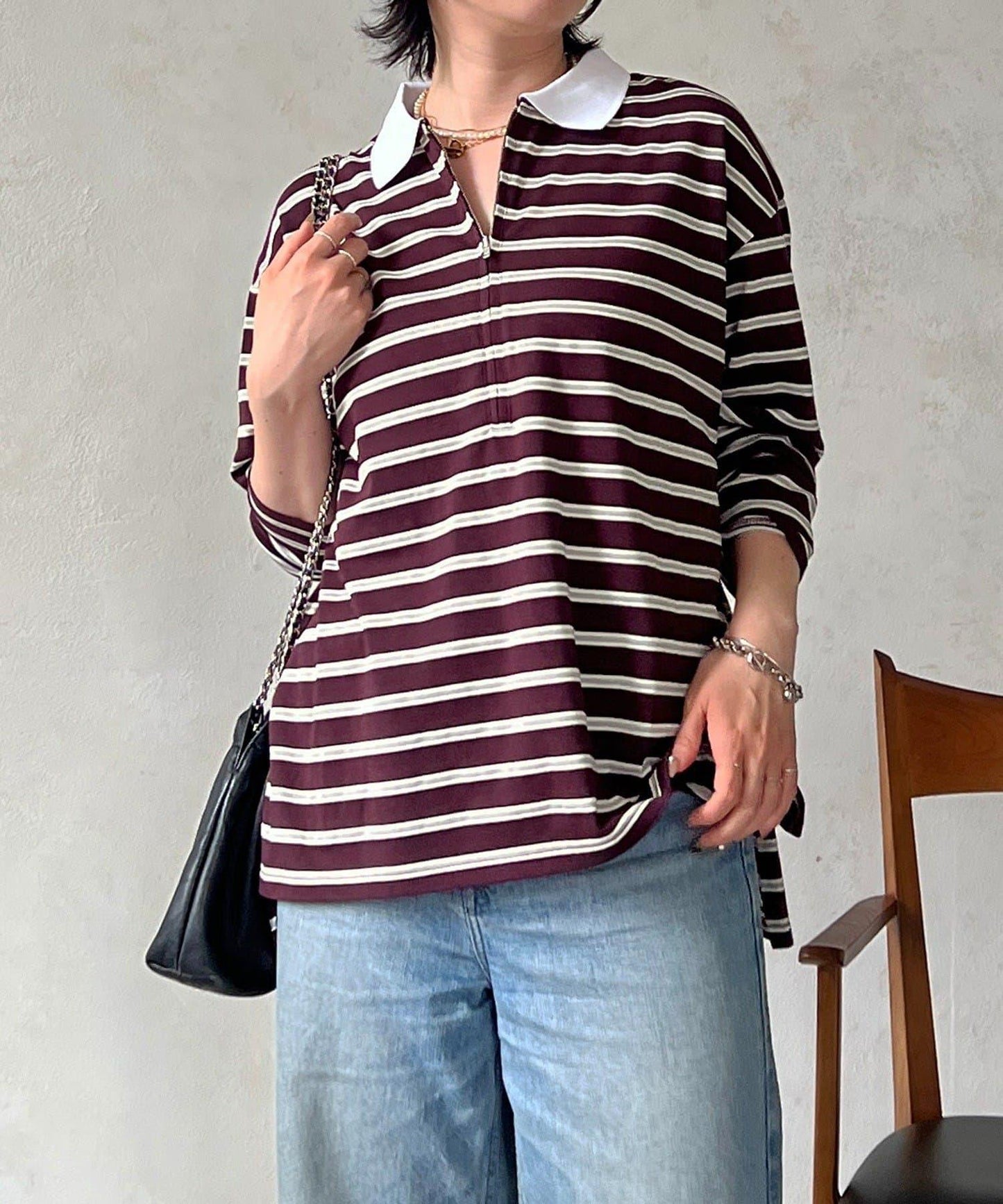 拉鍊條紋長袖套頭衫