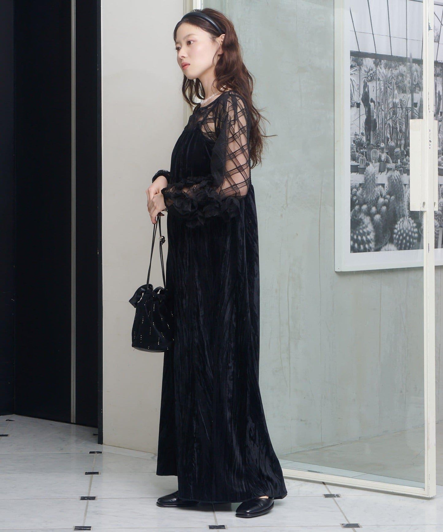 透視格紋×天鵝絨連衣裙套裝