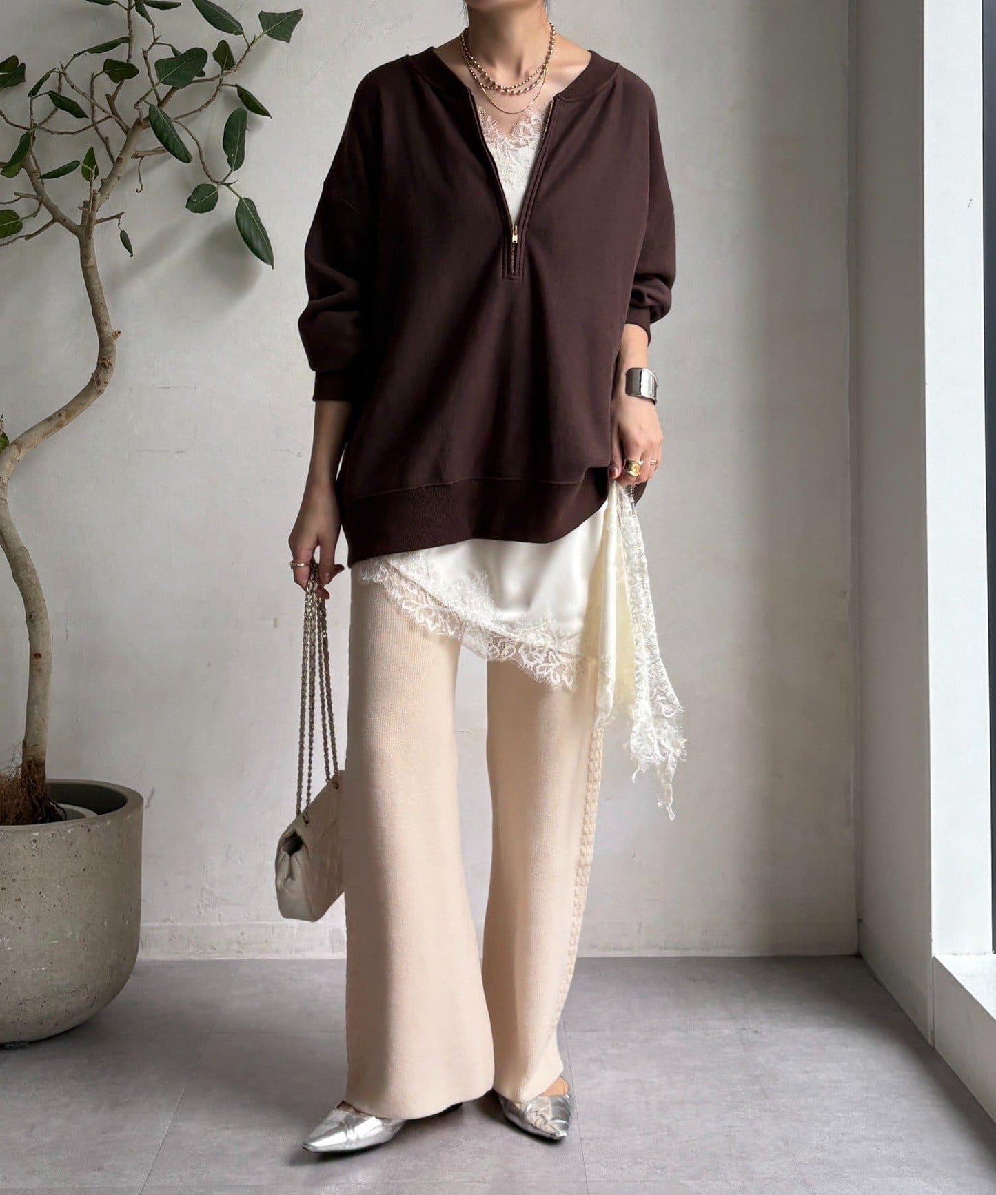 側邊編織針織褲