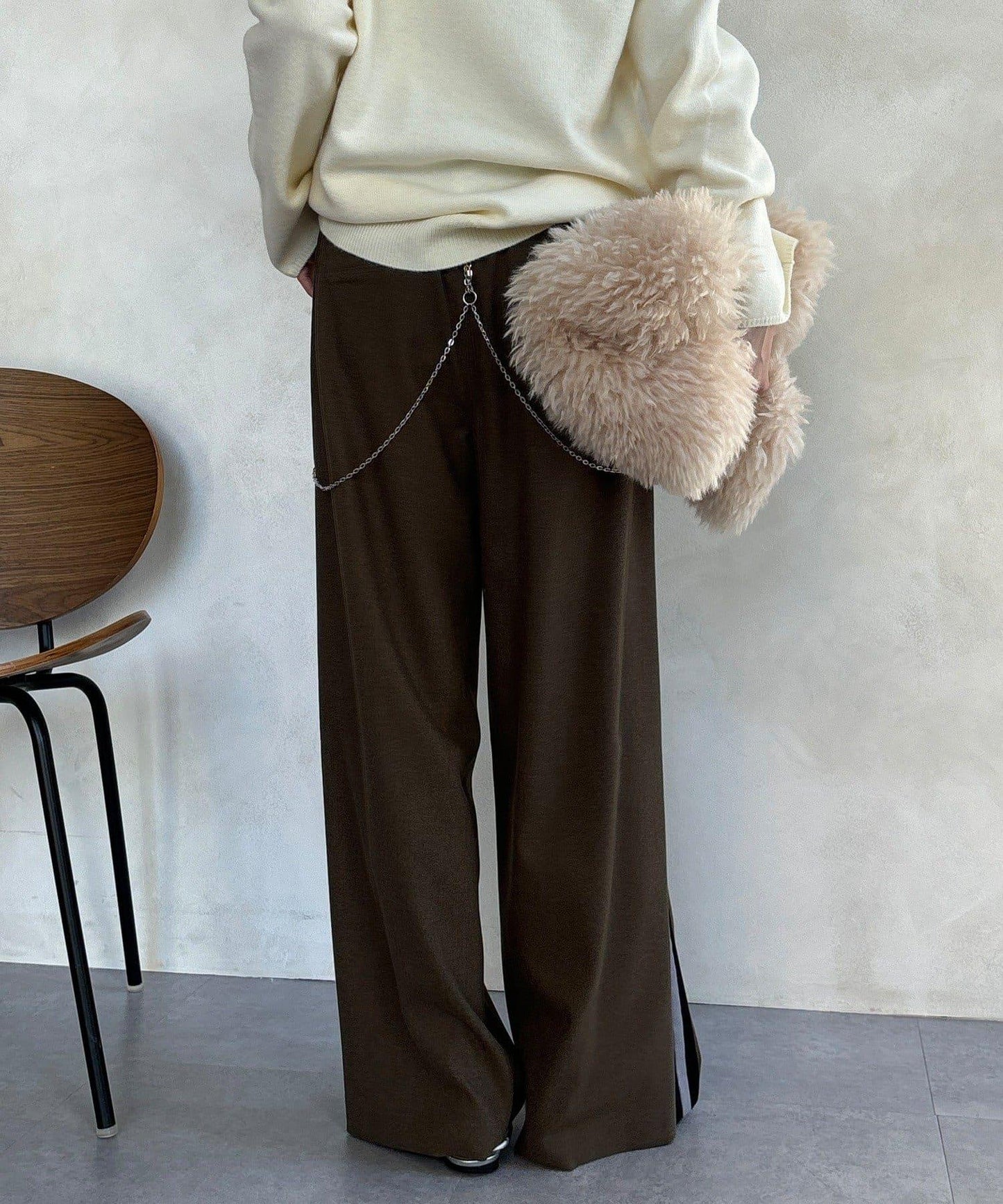 側邊條紋寬腿褲