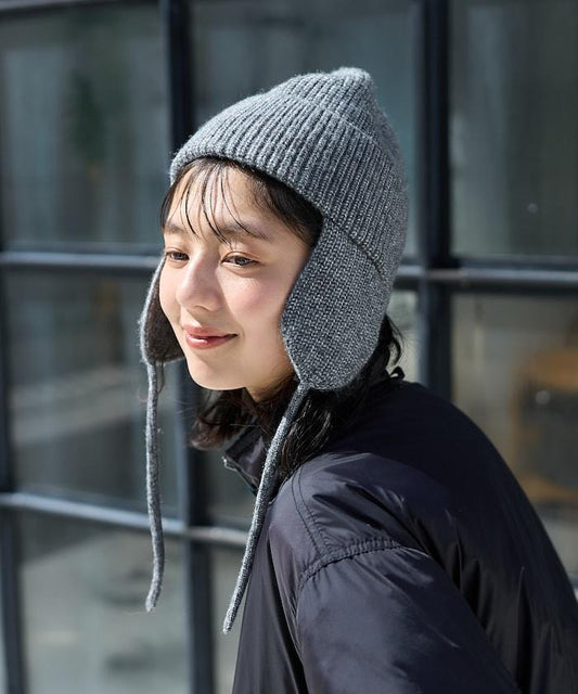 混紡紗線帶耳朵針織帽