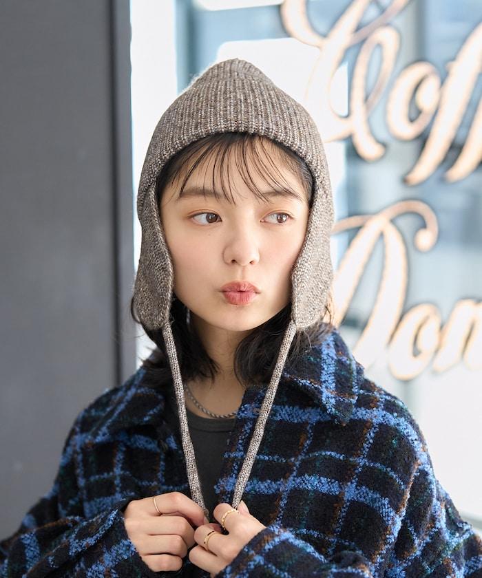 混紡紗線帶耳朵針織帽