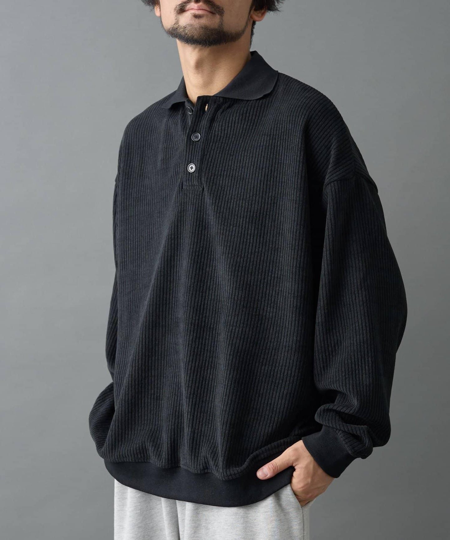 燈芯絨剪裁長袖POLO衫