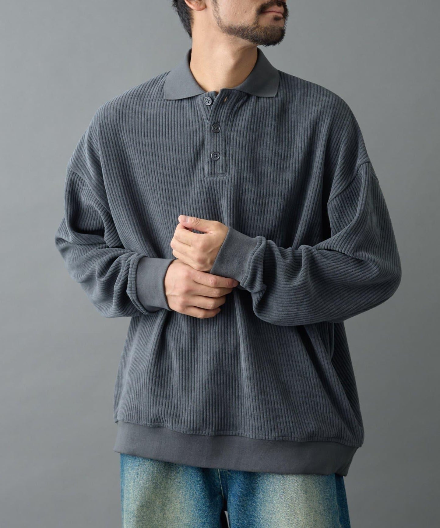 燈芯絨剪裁長袖POLO衫