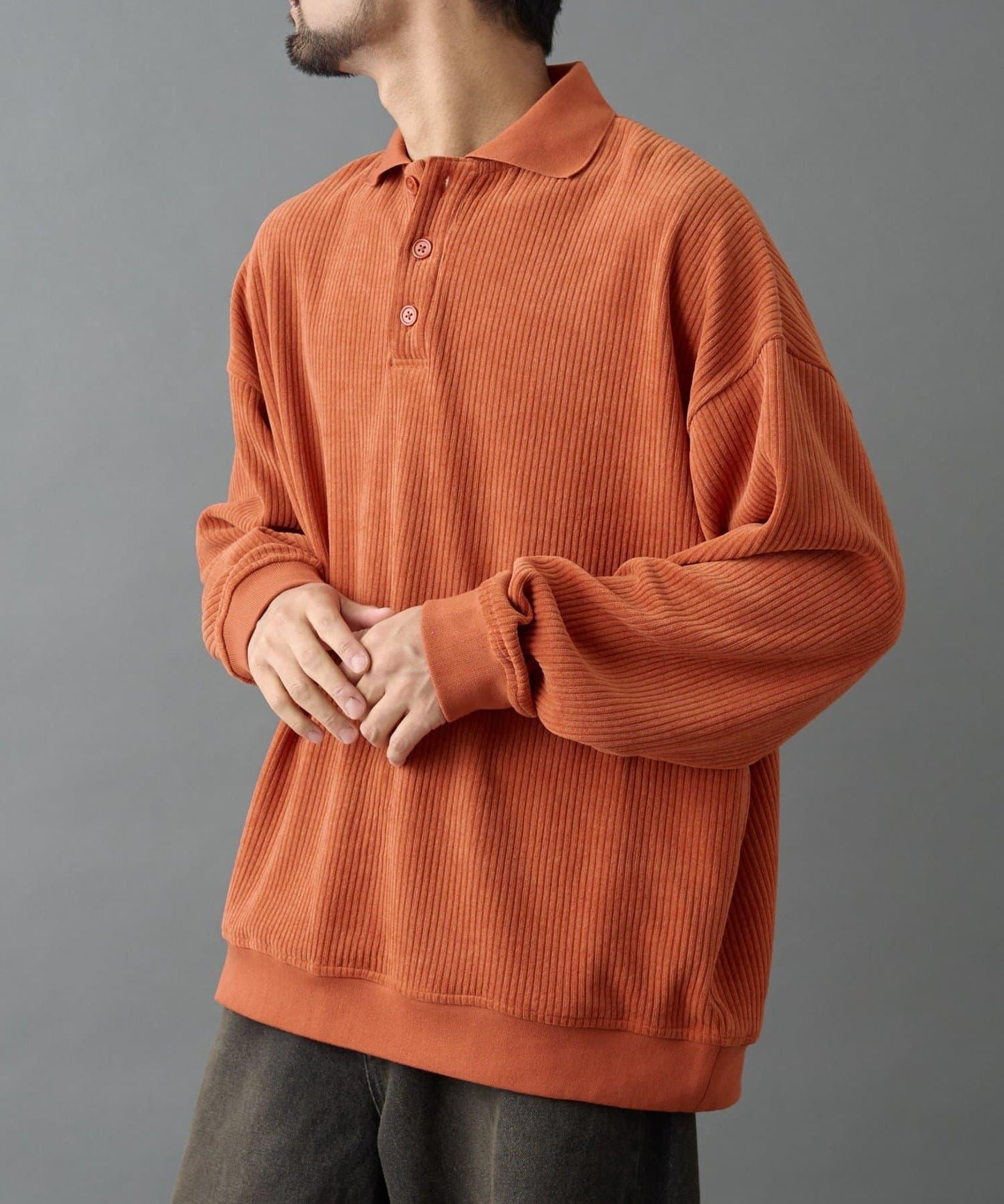 燈芯絨剪裁長袖POLO衫