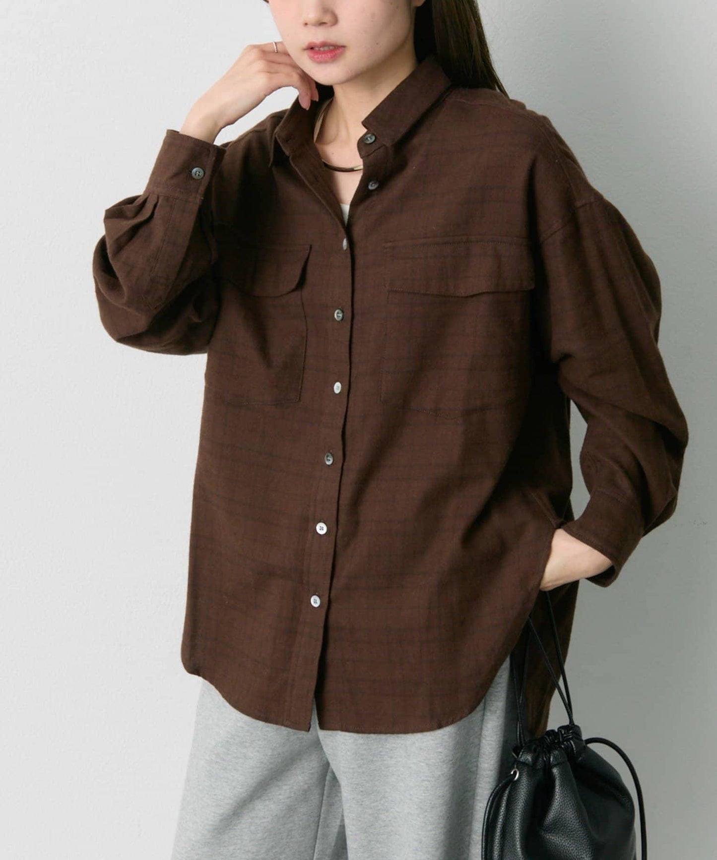 雙口袋磨毛格子襯衫