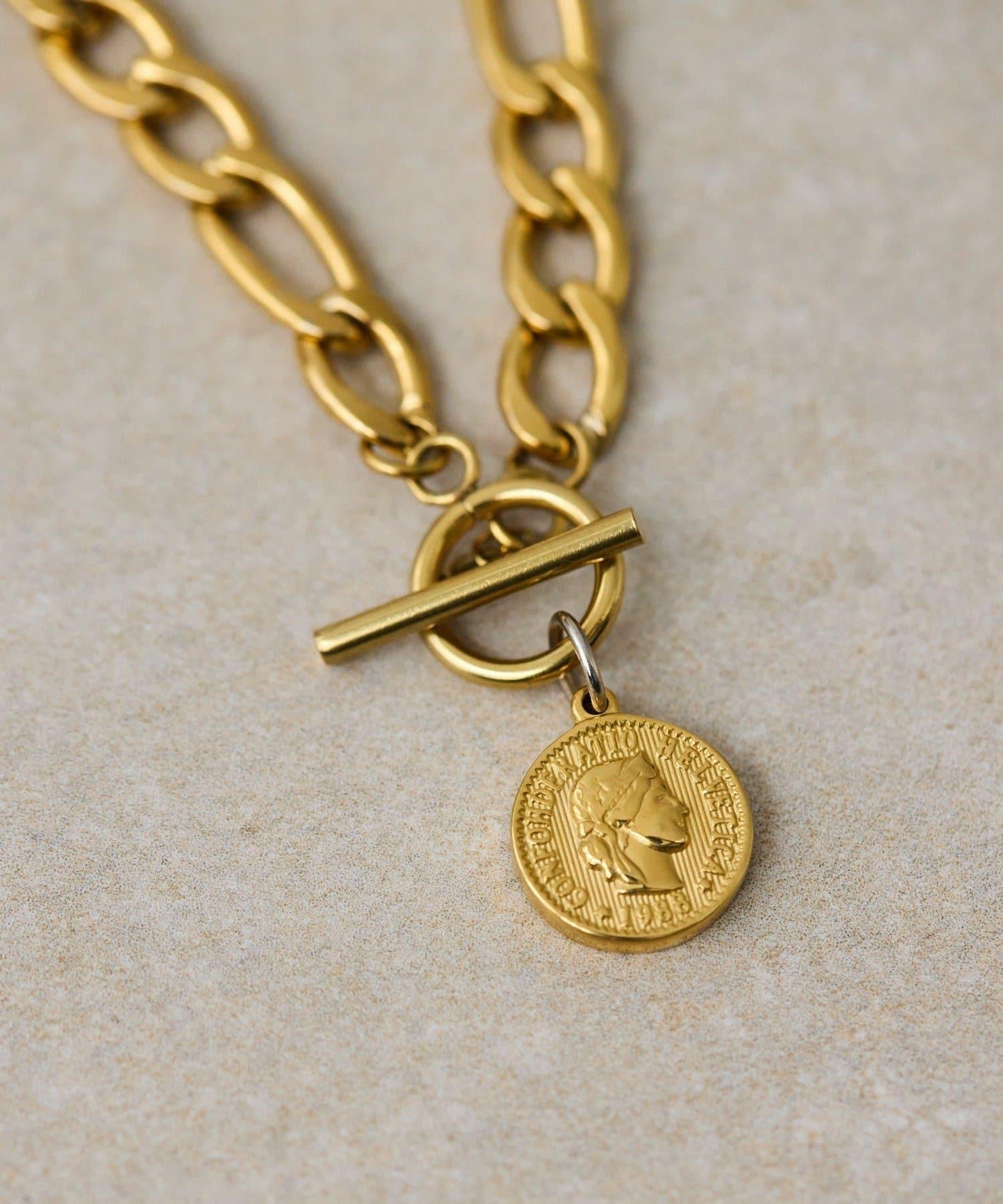 金屬過敏適用/不鏽鋼 帶硬幣吊墜菲加羅手鍊