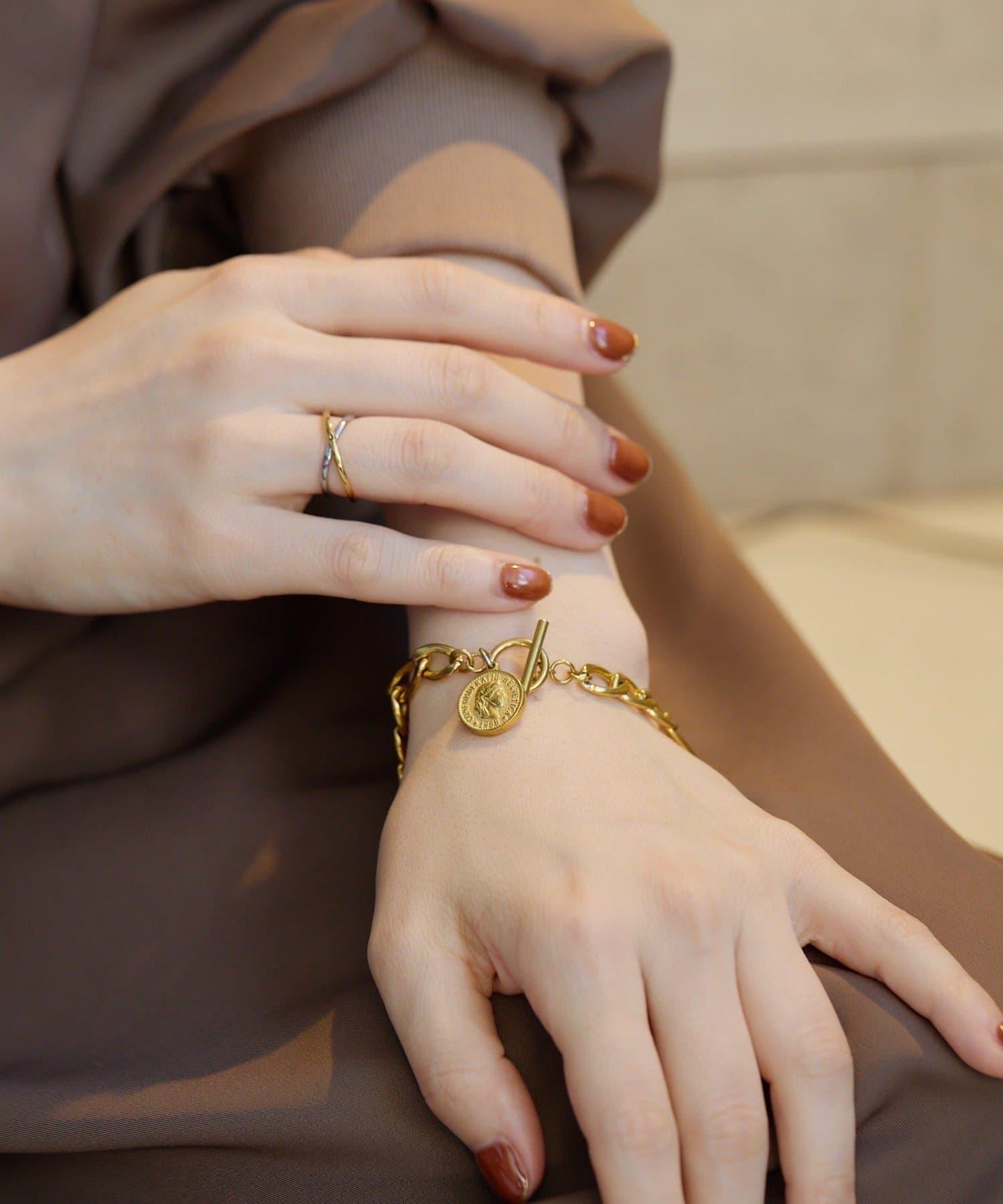 金屬過敏適用/不鏽鋼 帶硬幣吊墜菲加羅手鍊