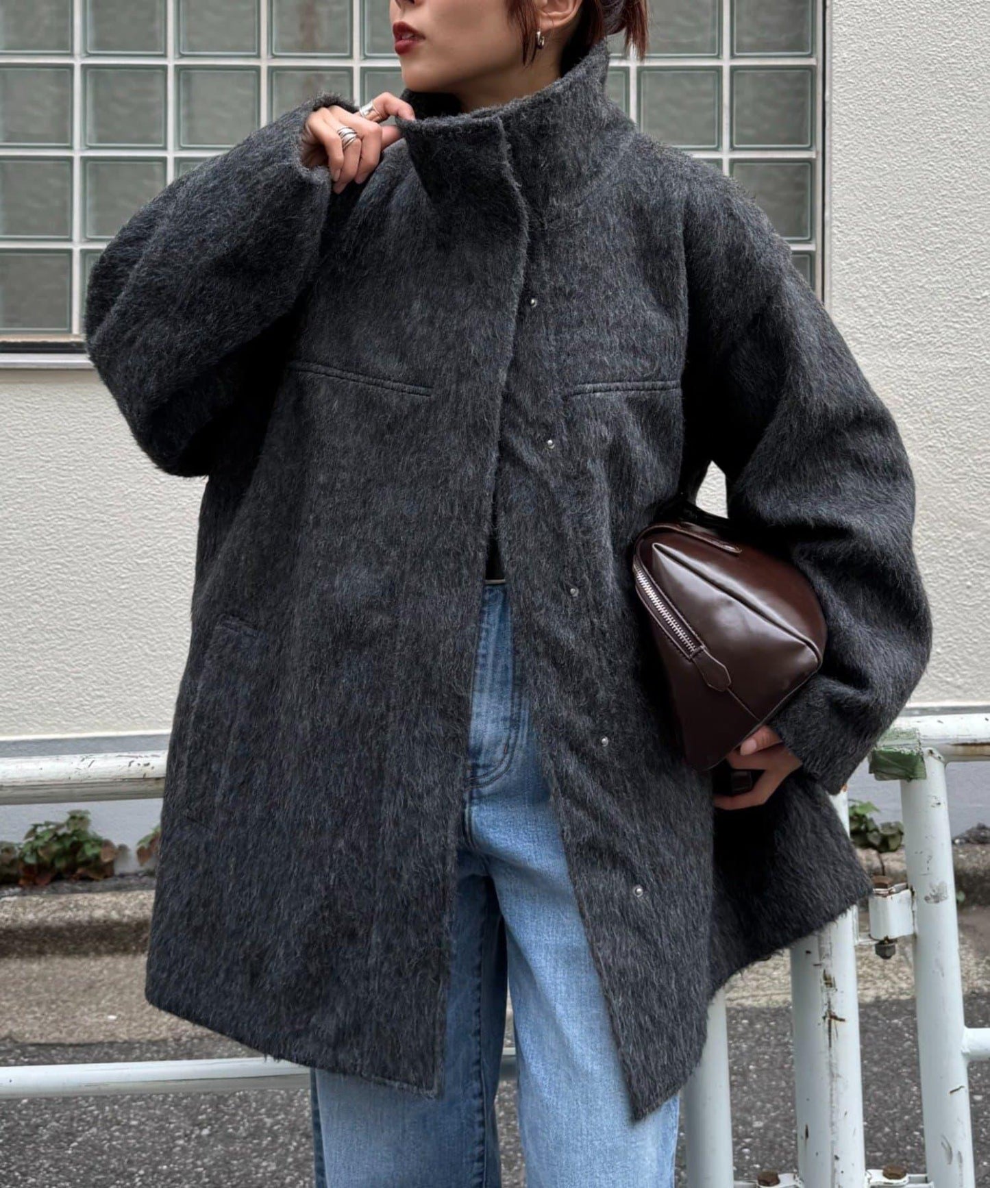 可拆卸毛絨袖立領中長款外套