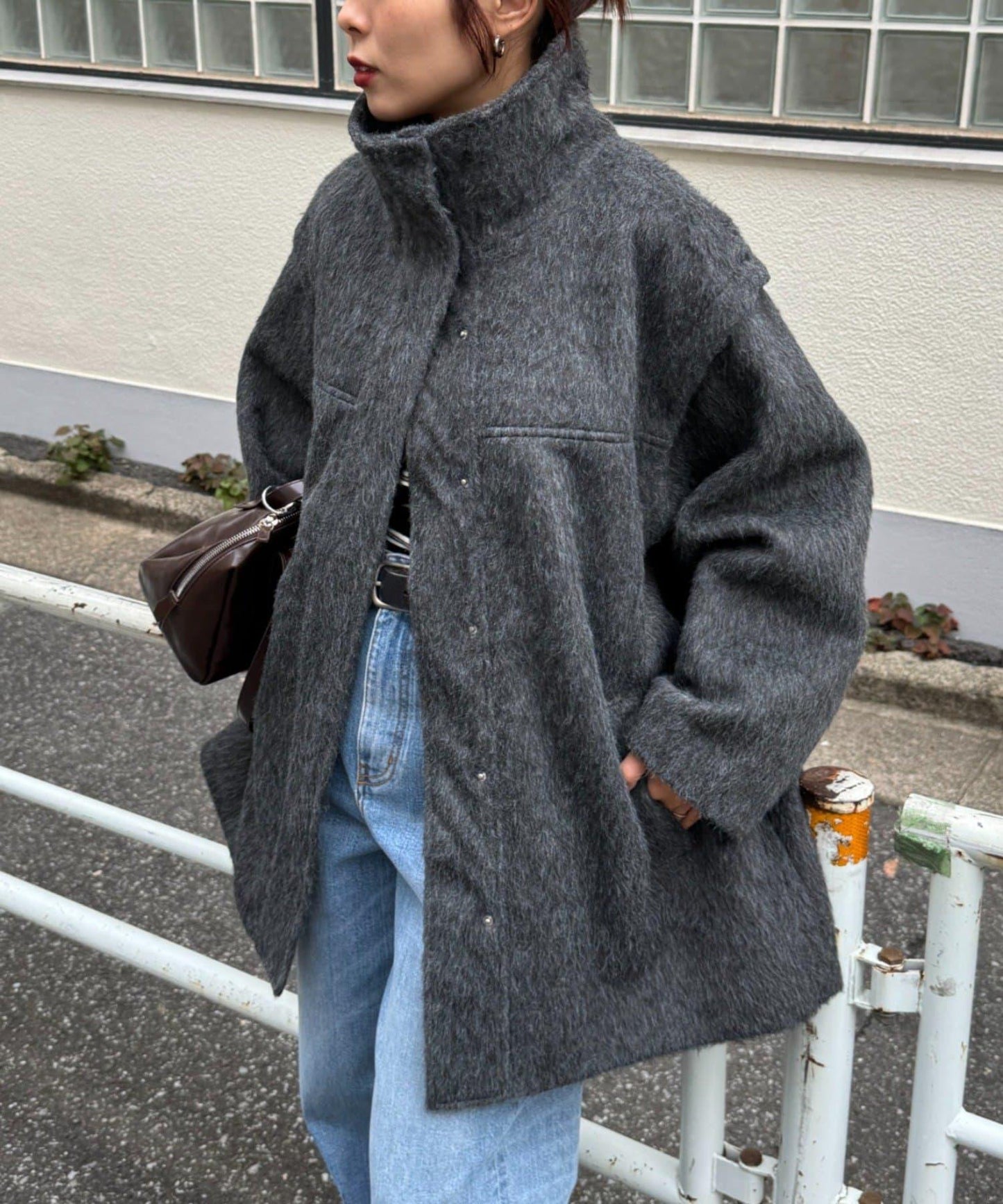 可拆卸毛絨袖立領中長款外套