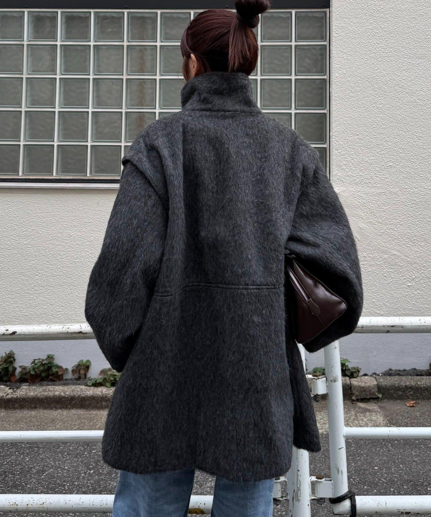 可拆卸毛絨袖立領中長款外套