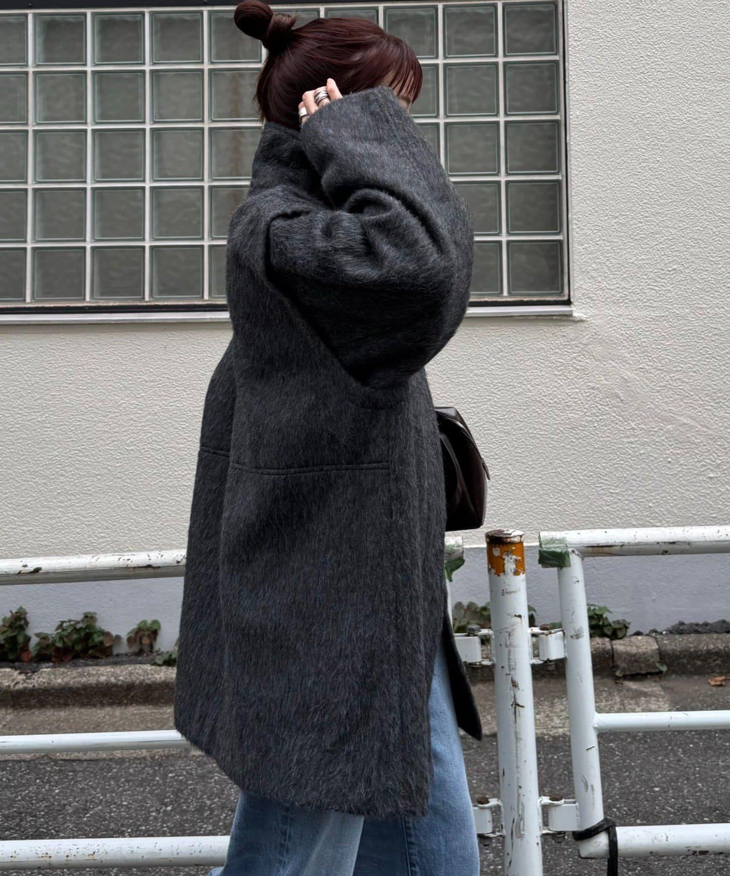 可拆卸毛絨袖立領中長款外套