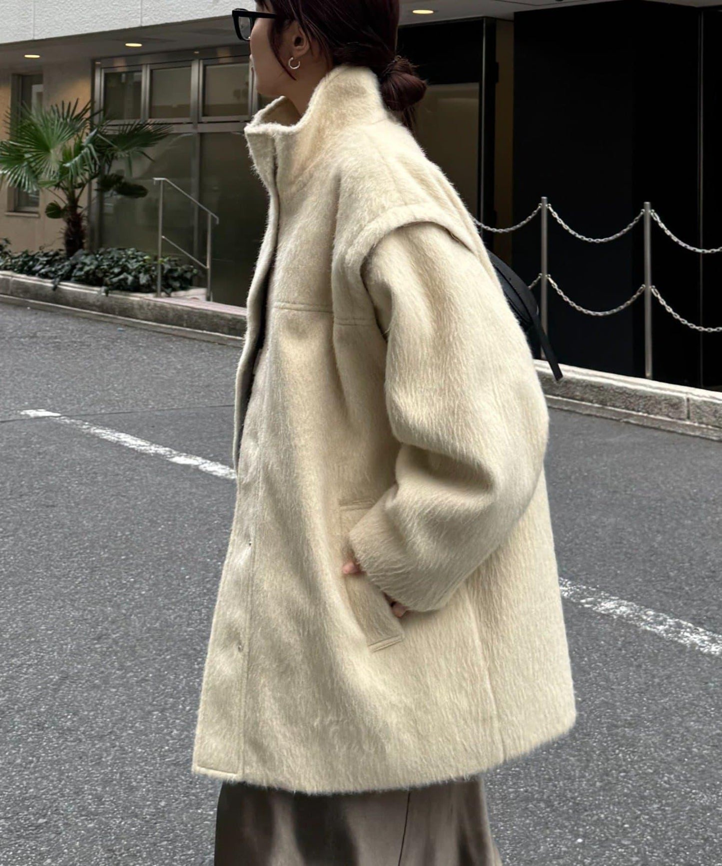 可拆卸毛絨袖立領中長款外套