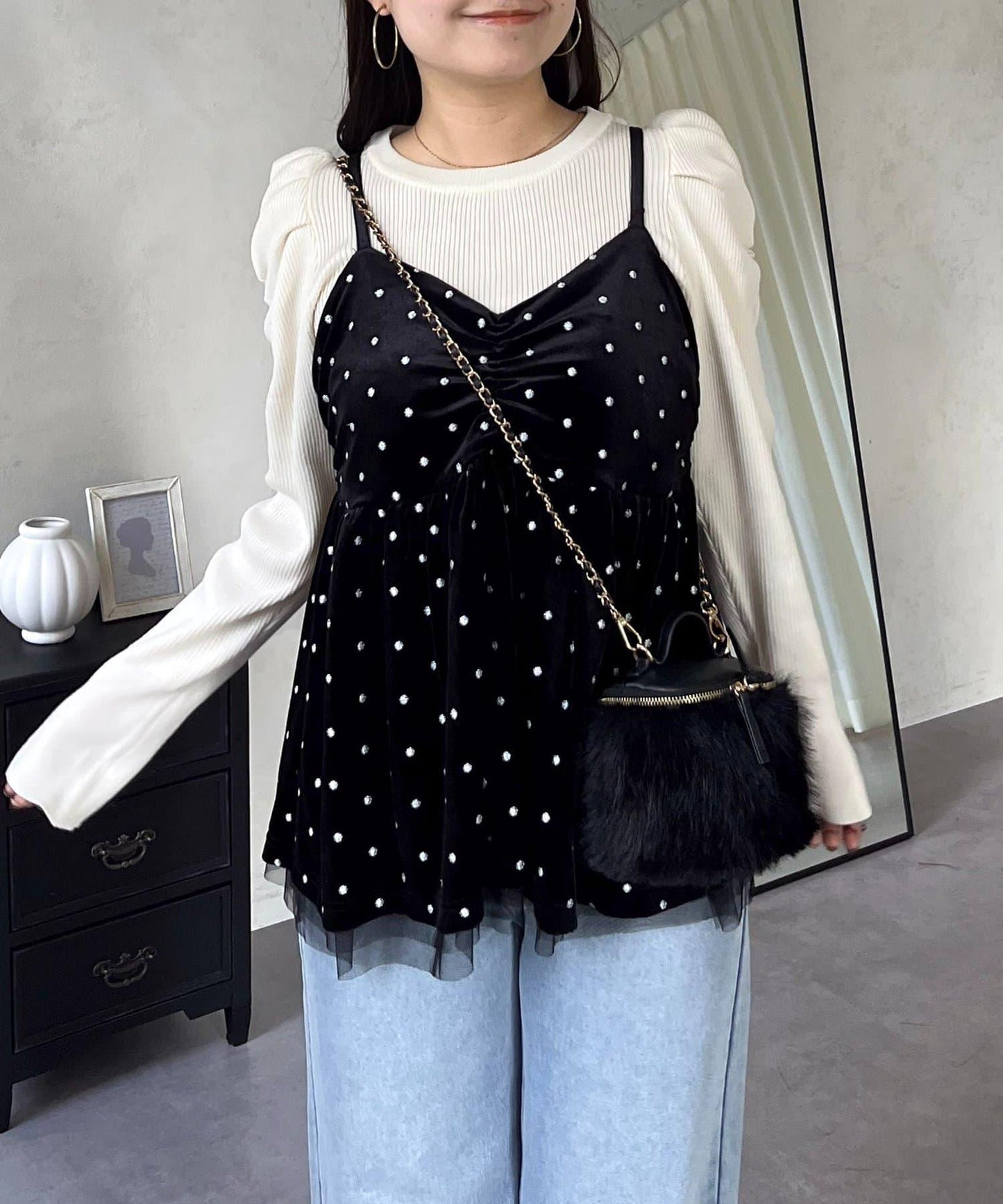 波點刺繡網紗疊層天鵝絨吊帶背心