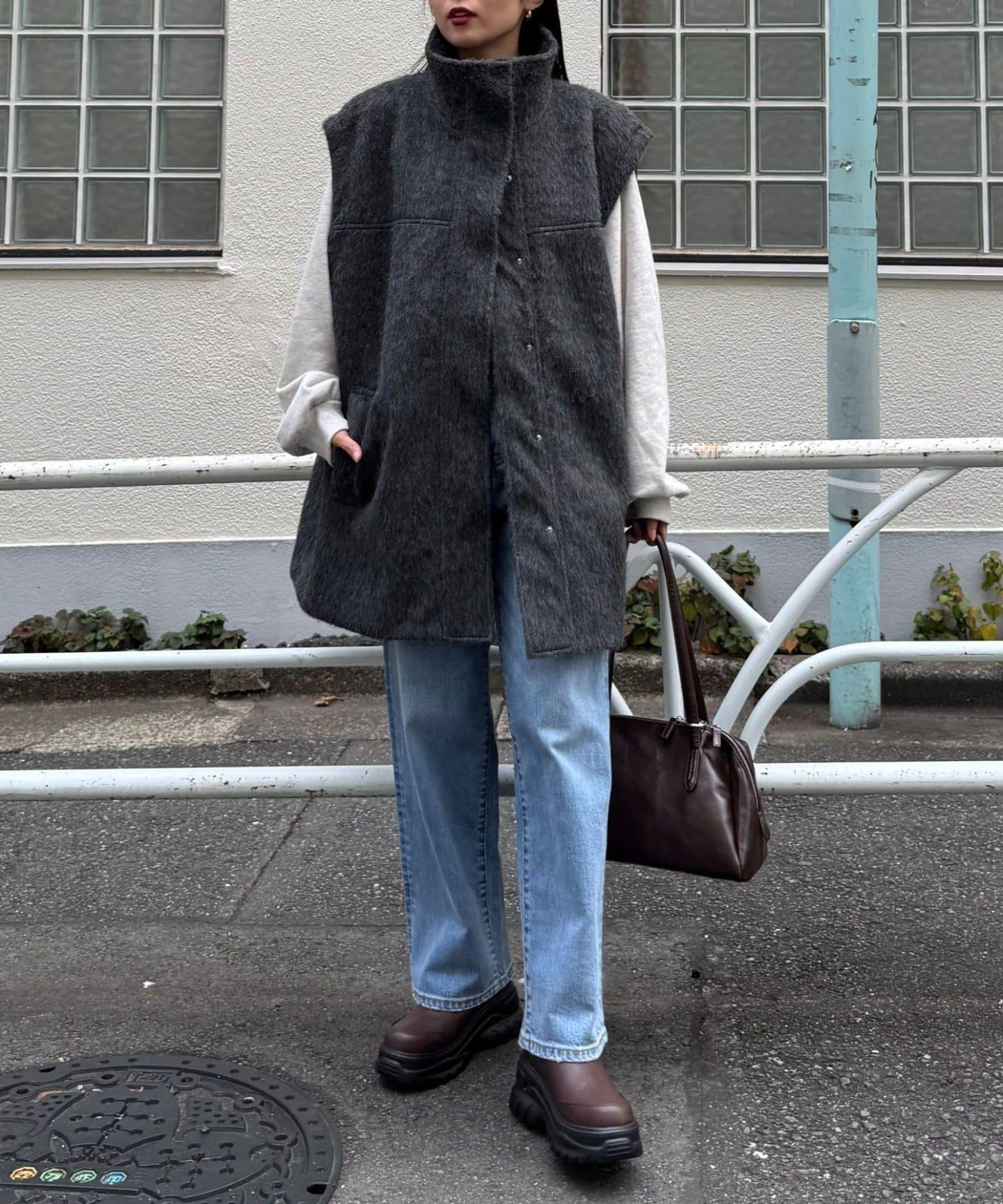 可拆卸毛絨袖立領中長款外套