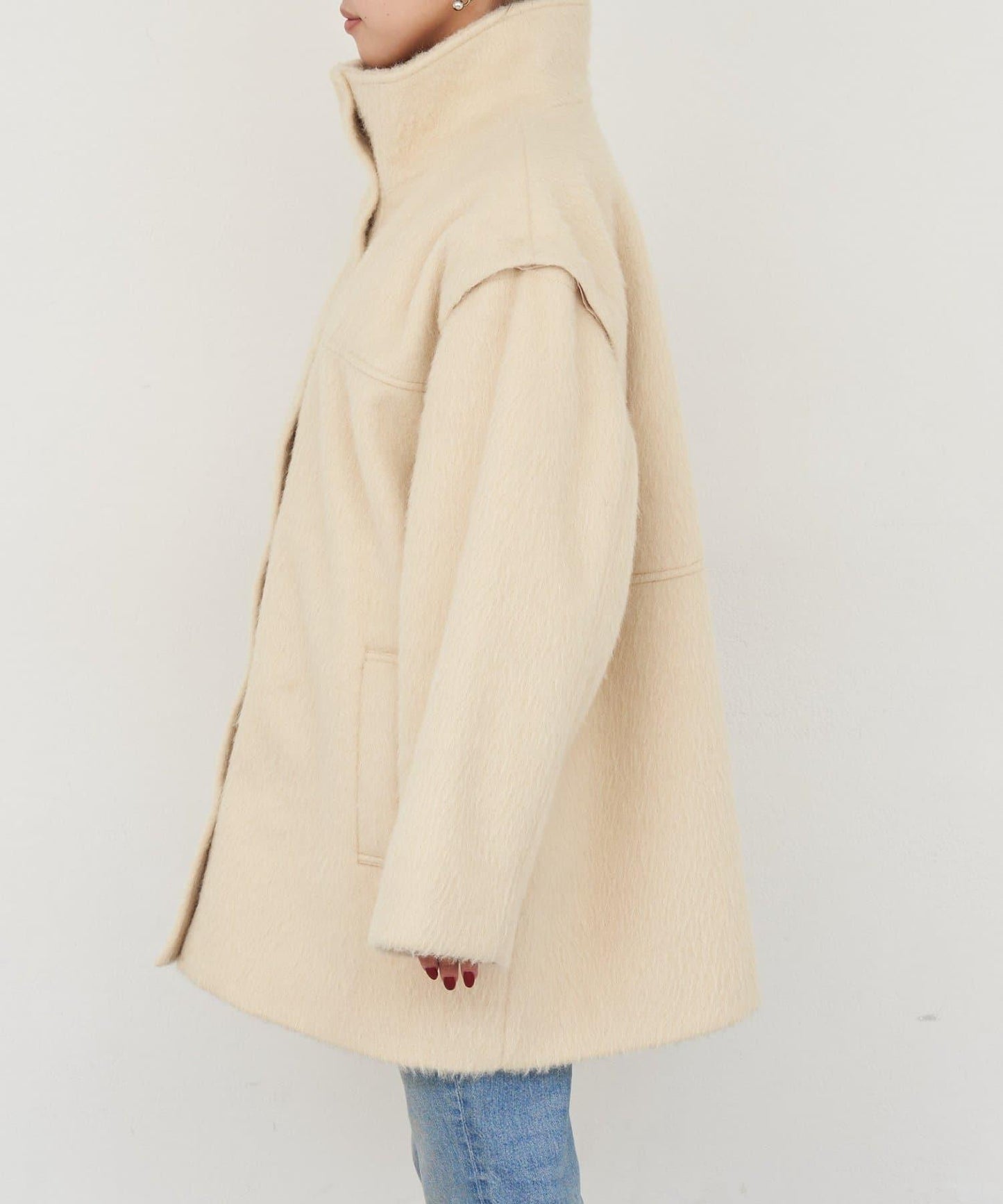 可拆卸毛絨袖立領中長款外套