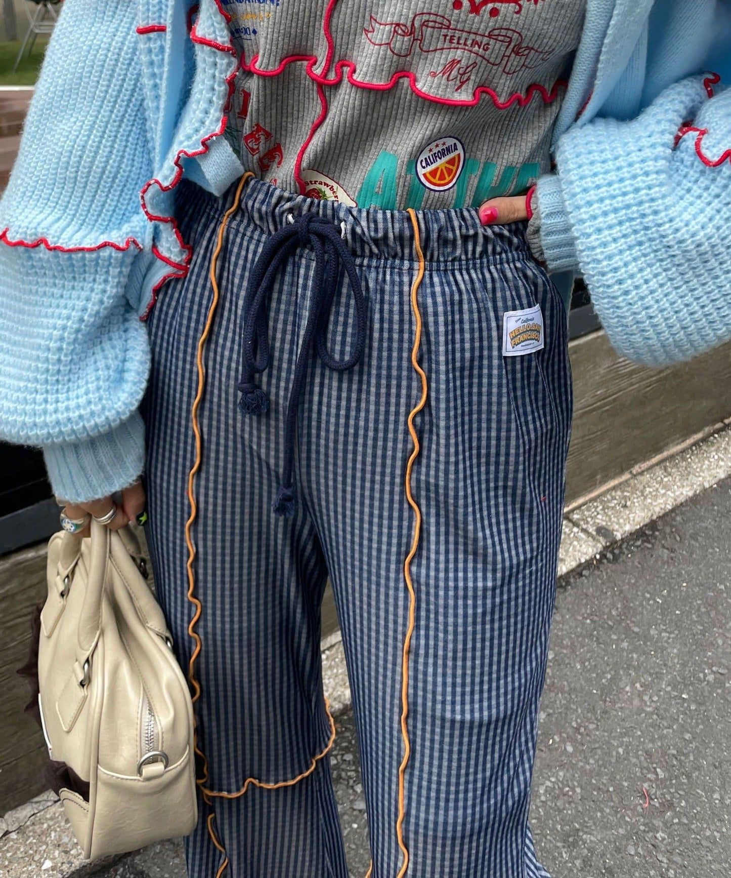 【HELLO.SANFRANCISCO/ハローサンフランシスコ】格紋荷葉邊拼接喇叭褲