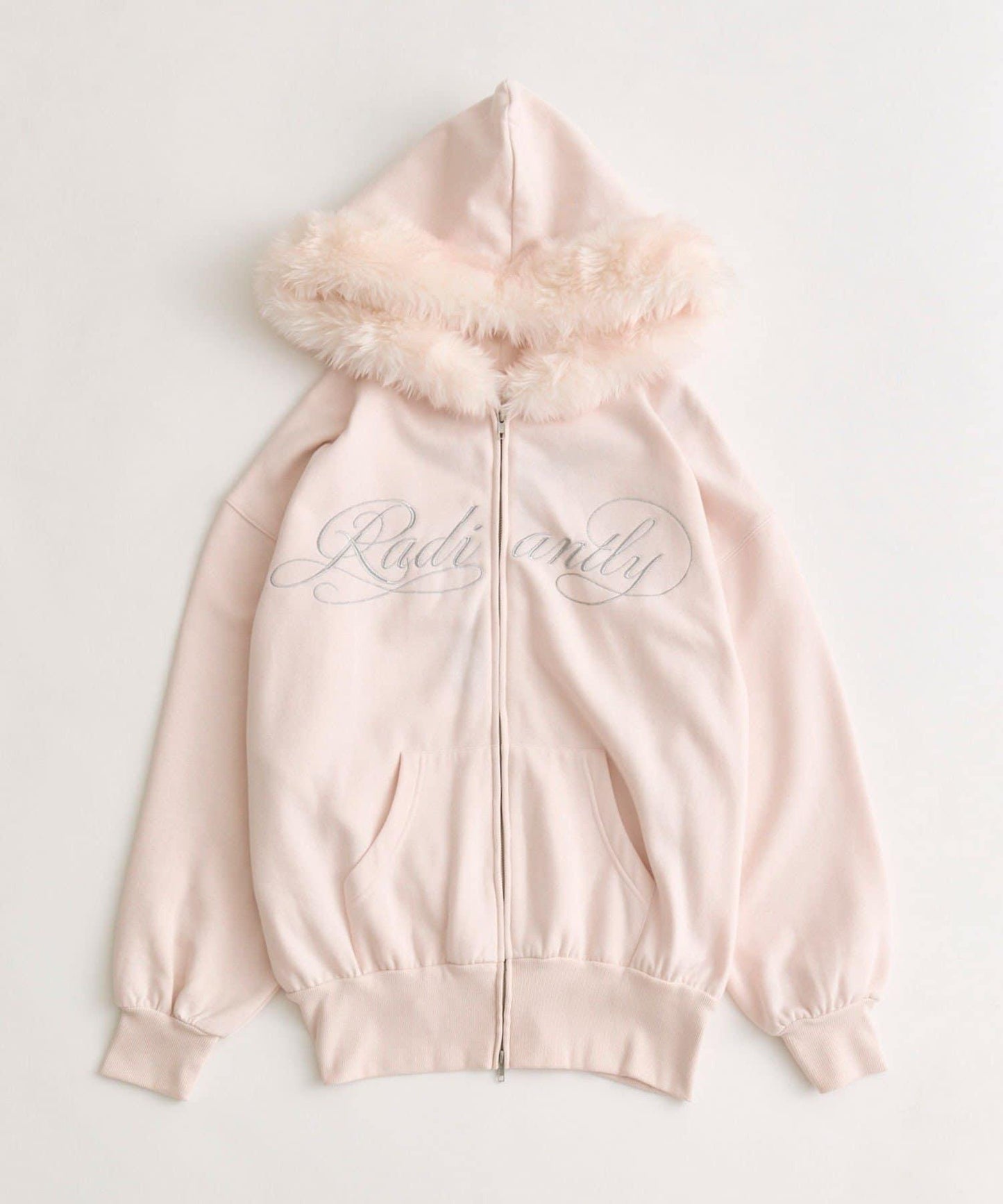 帶標誌刺繡毛絨連帽拉鍊衛衣