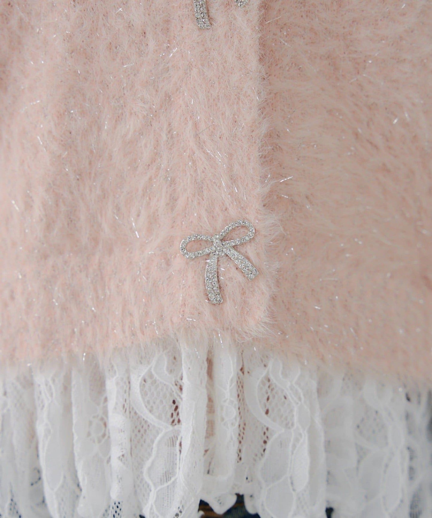 亮片羽毛紗拼接蕾絲下襬開衫