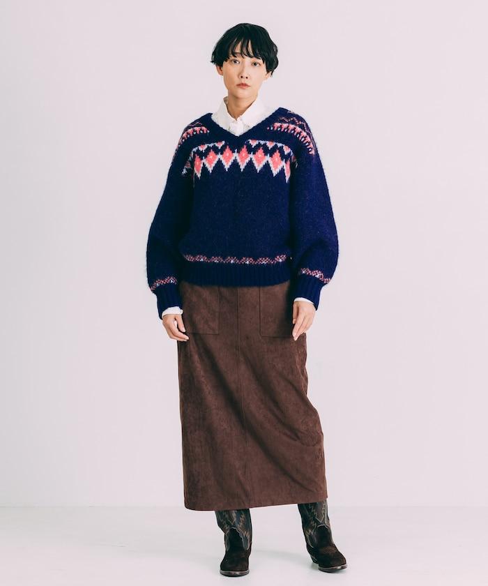 V領拼色北歐圖案針織衫