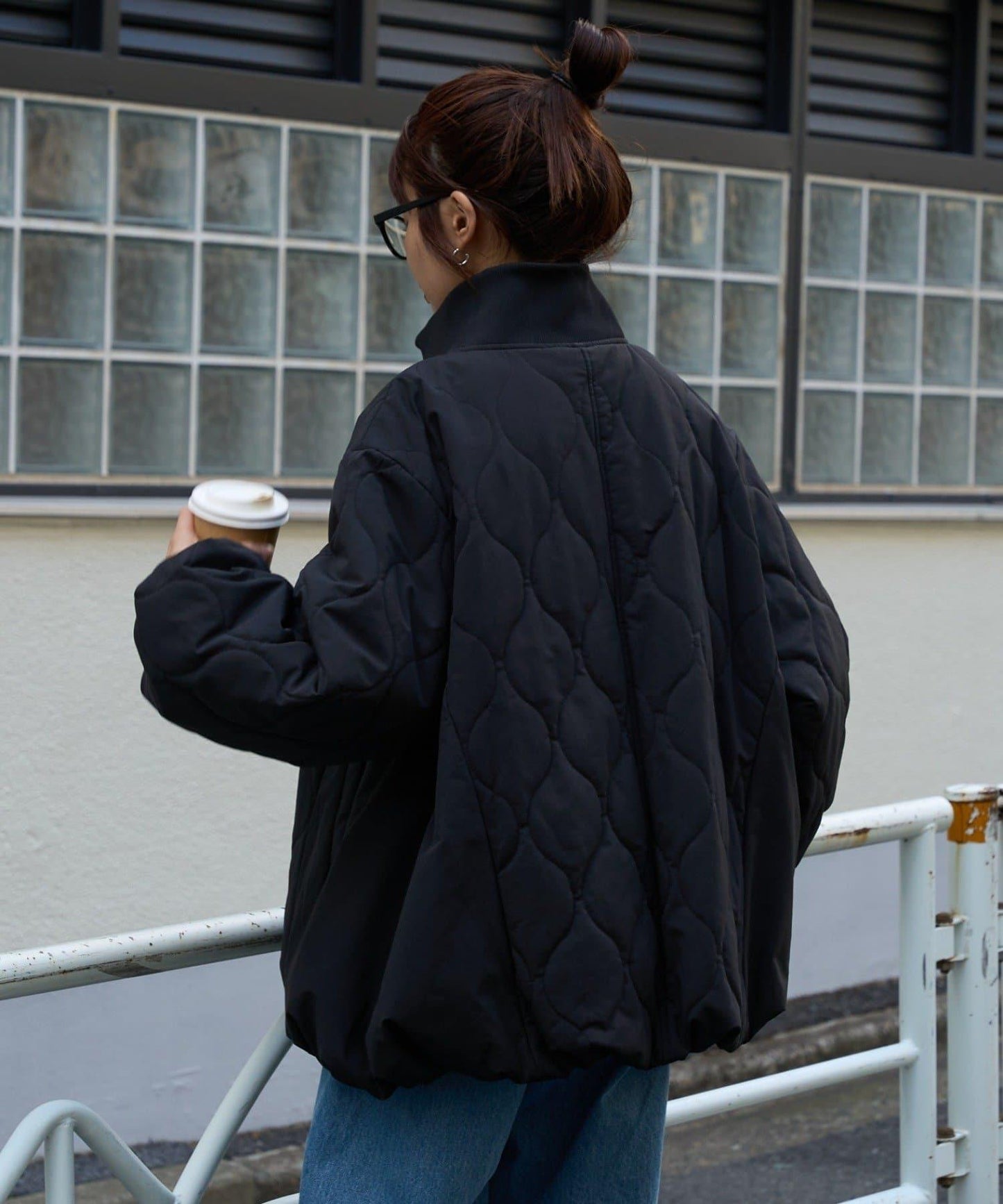 拼接絎縫立領燈籠袖夾克