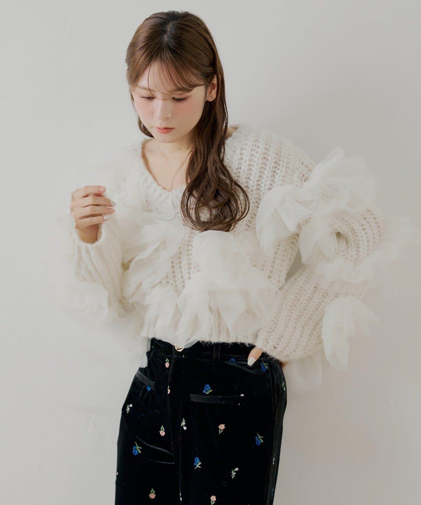 【SALON by Chico】不規則網紗拼接針織衫