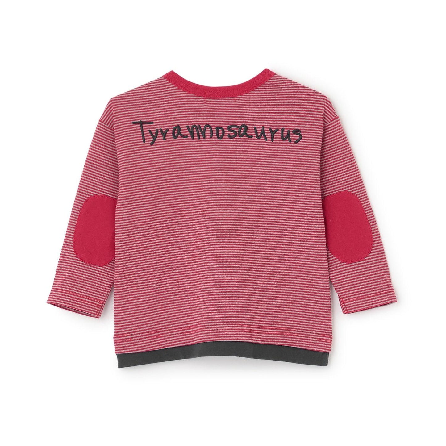 恐龍刺繡×肘部補丁細條紋長袖T恤