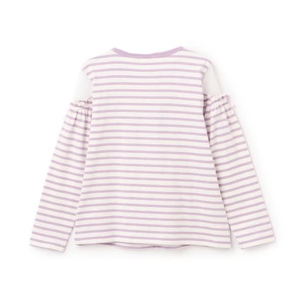 肩部網紗拼接條紋長袖T恤