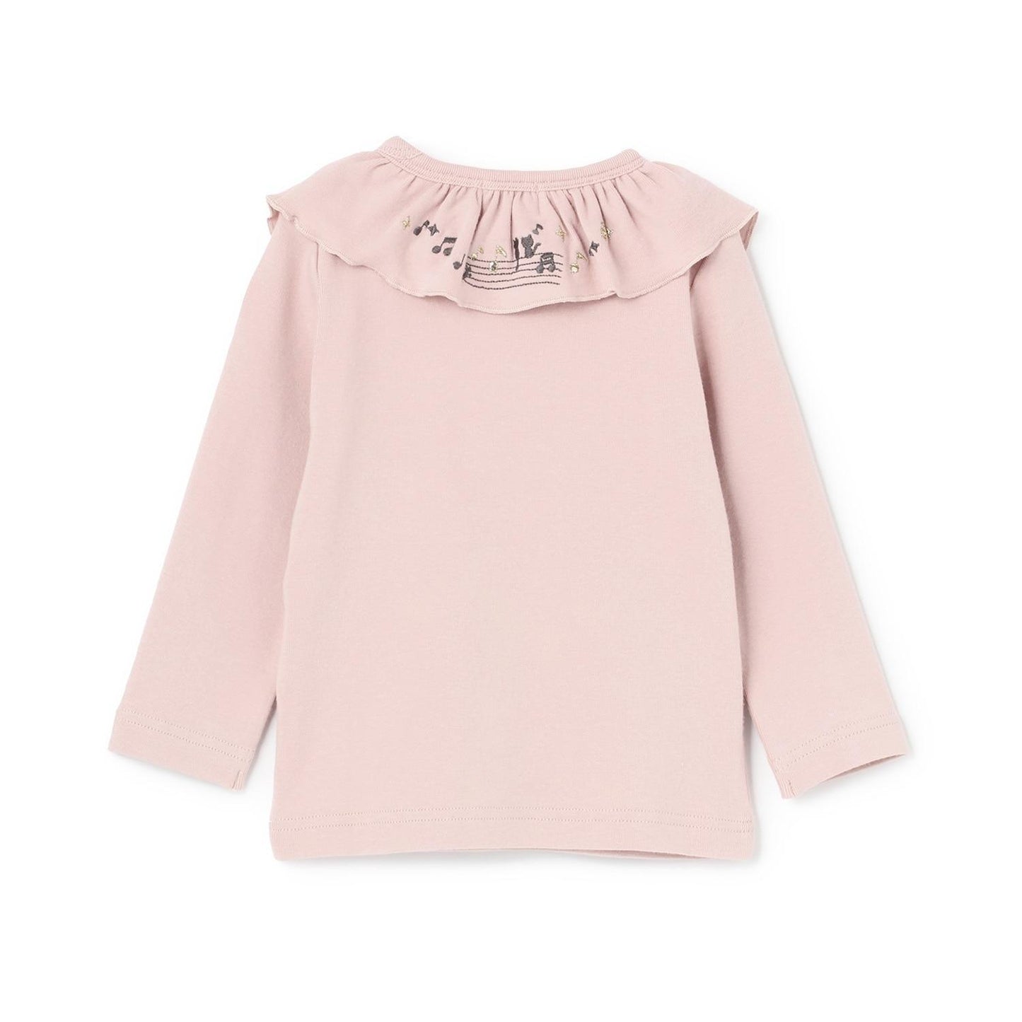 音符刺繡荷葉邊領微絨長袖T恤