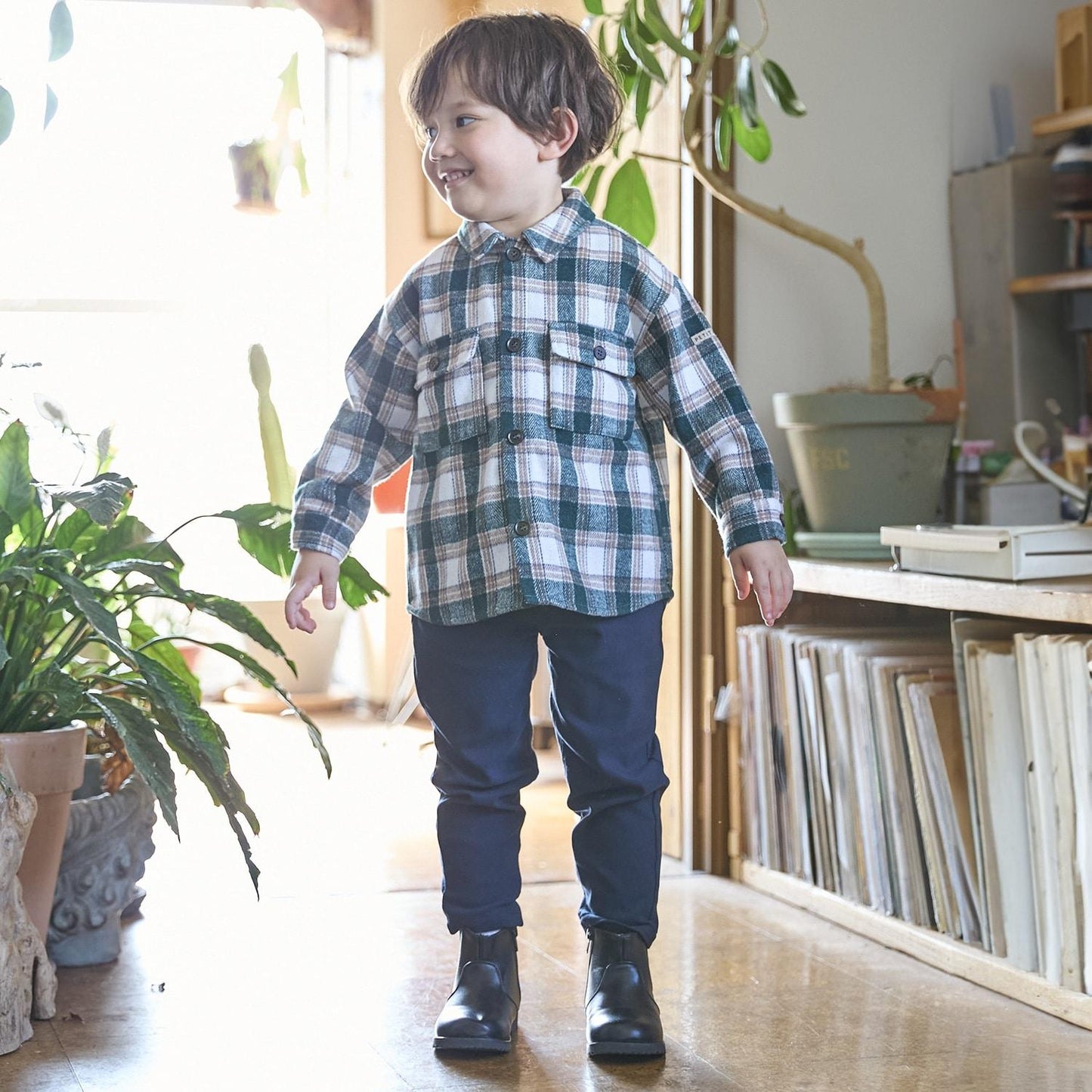 燈芯絨/格紋拼接襯衫