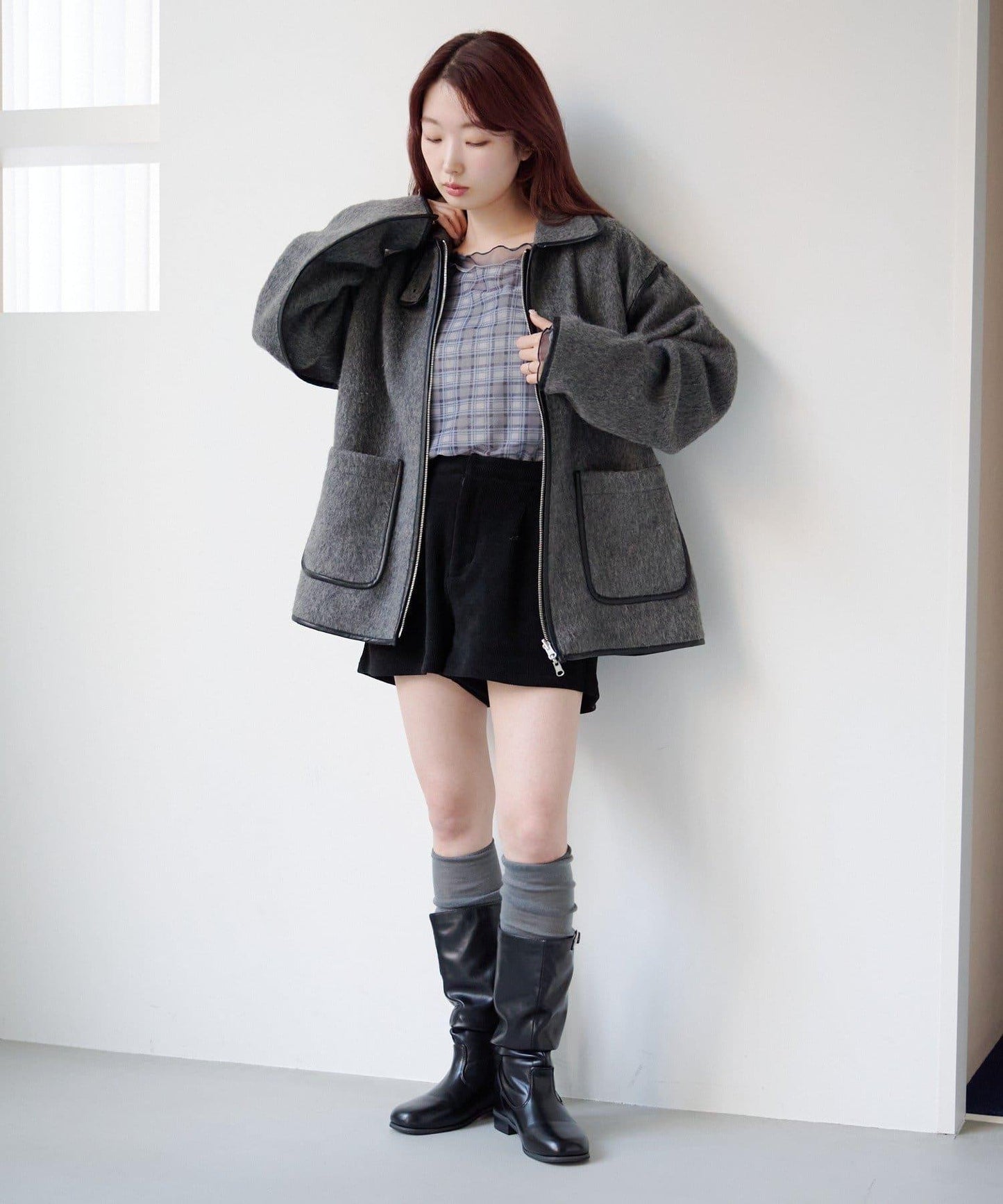 拼接格紋透視套頭衫