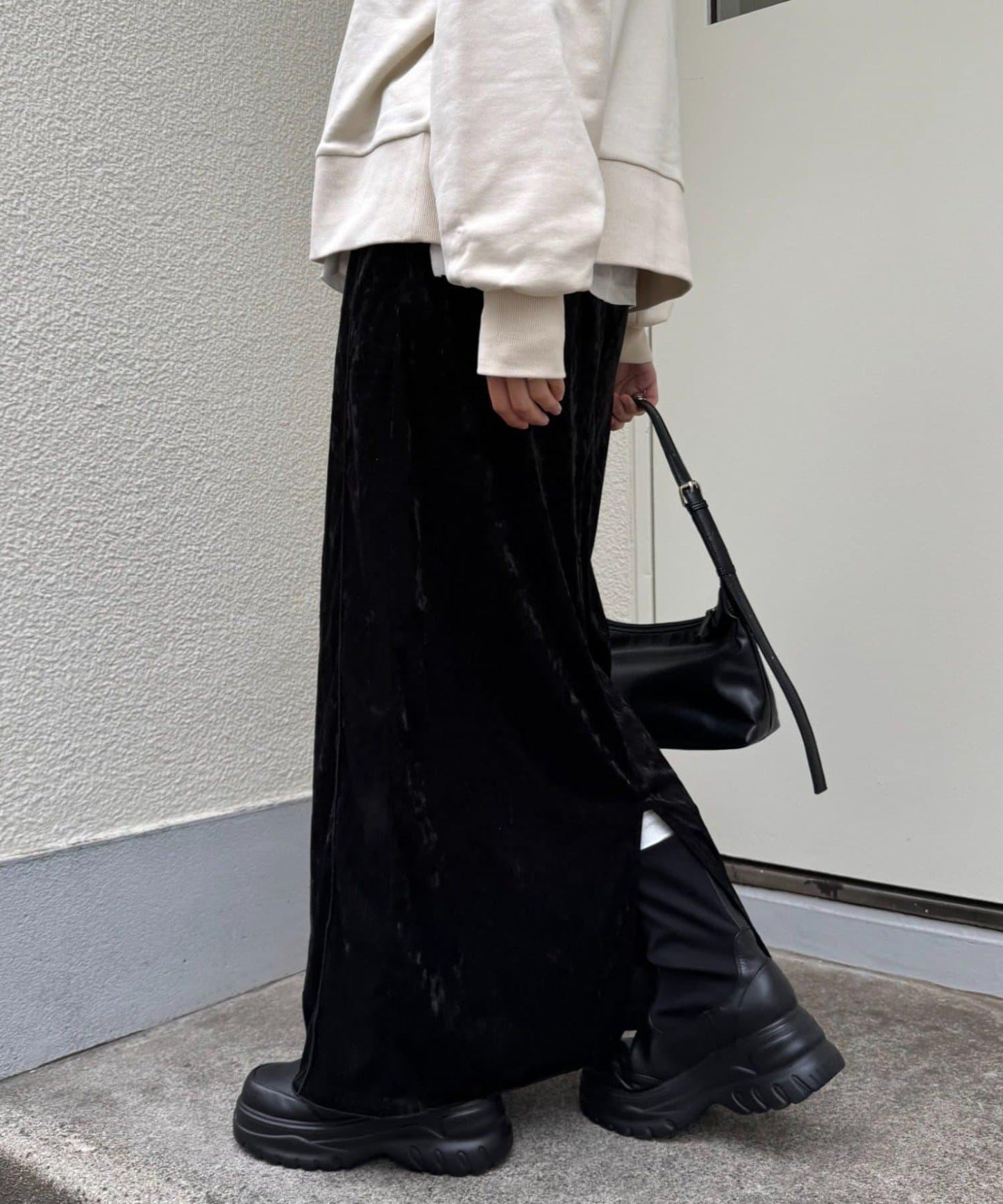 撞色天鵝絨荷葉邊拼接半身裙