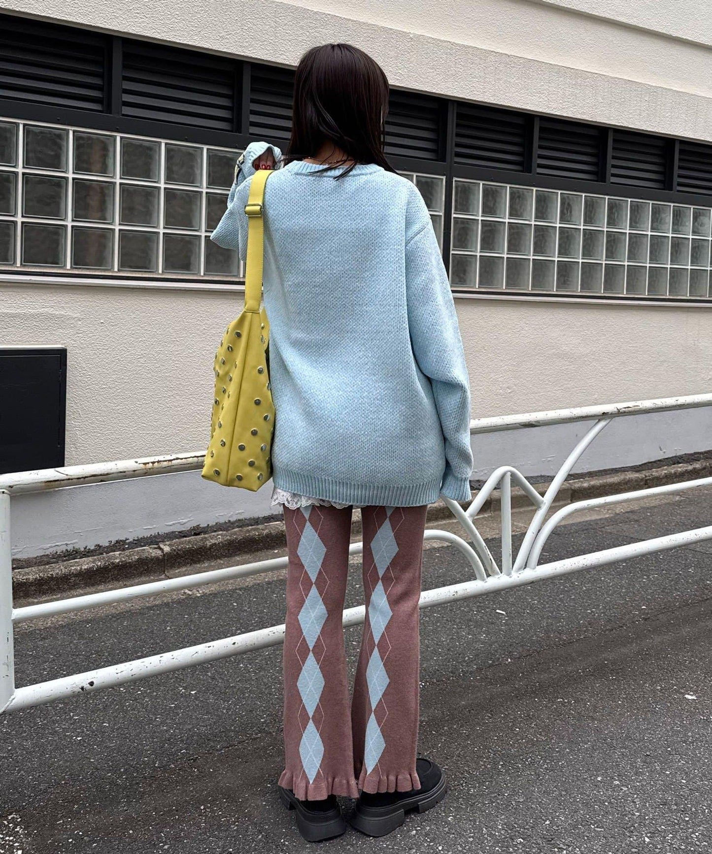 菱格針織荷葉邊褲