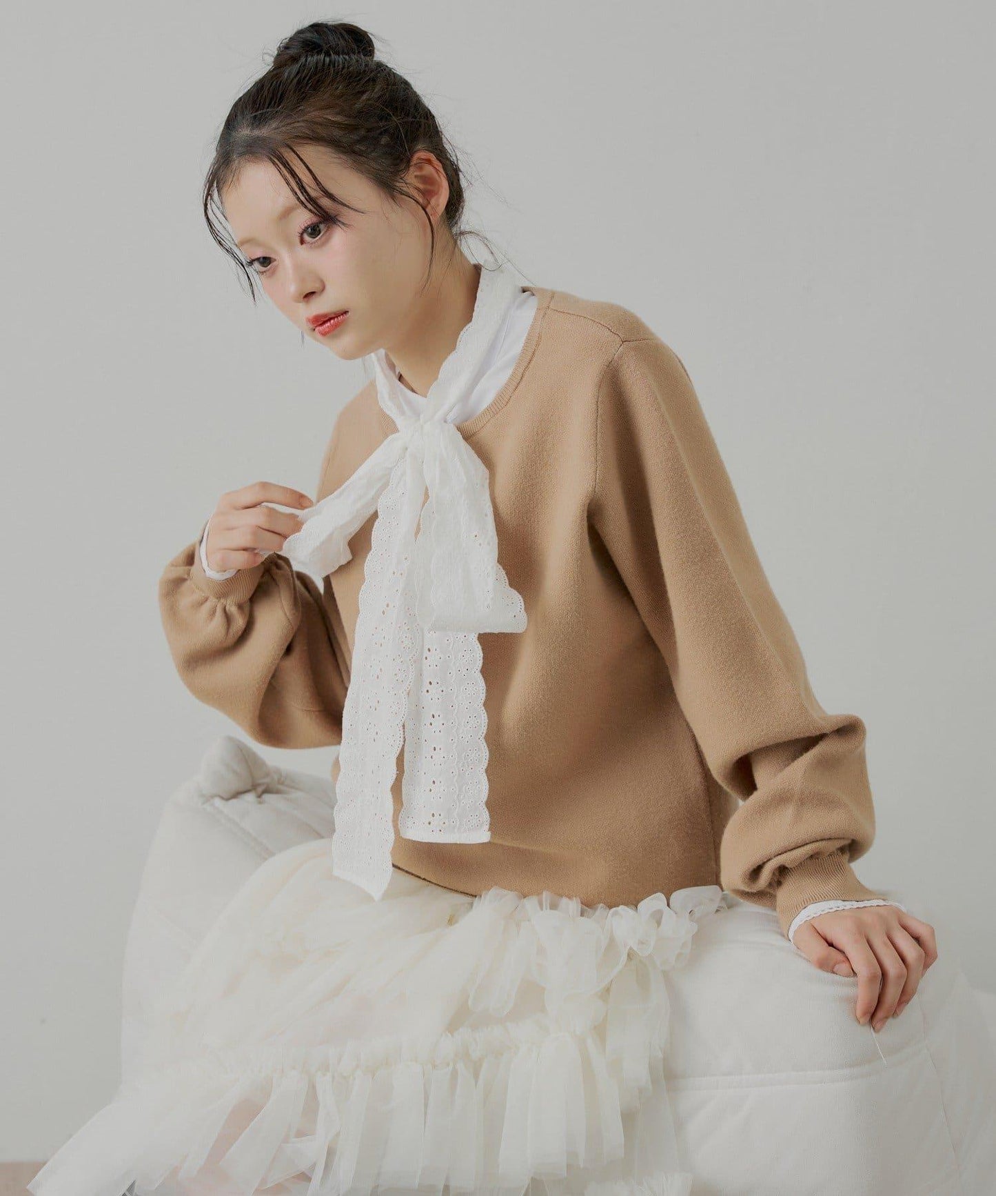 蝴蝶結領襯衫拼接針織衫