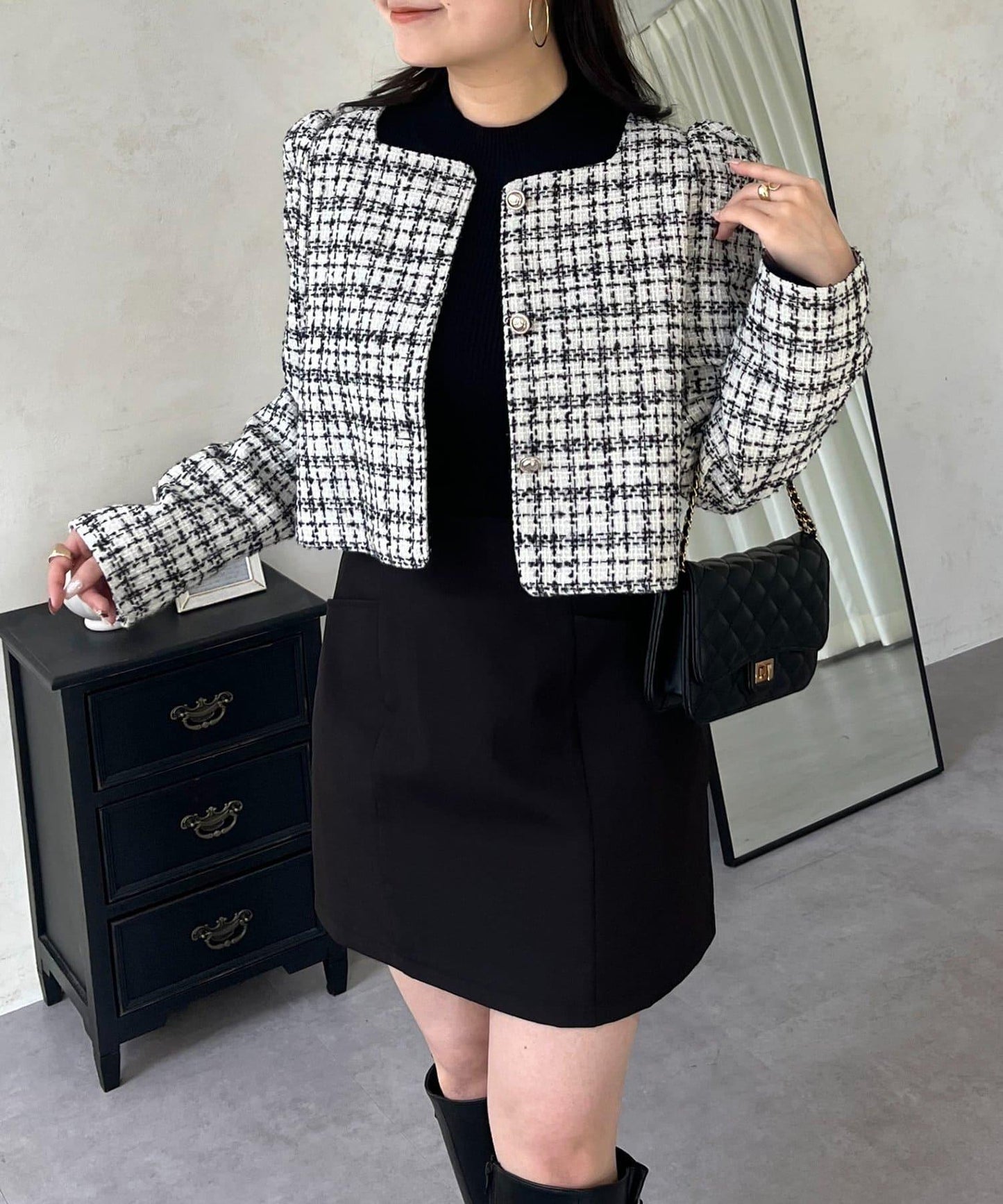 泡泡袖短款粗花呢夾克