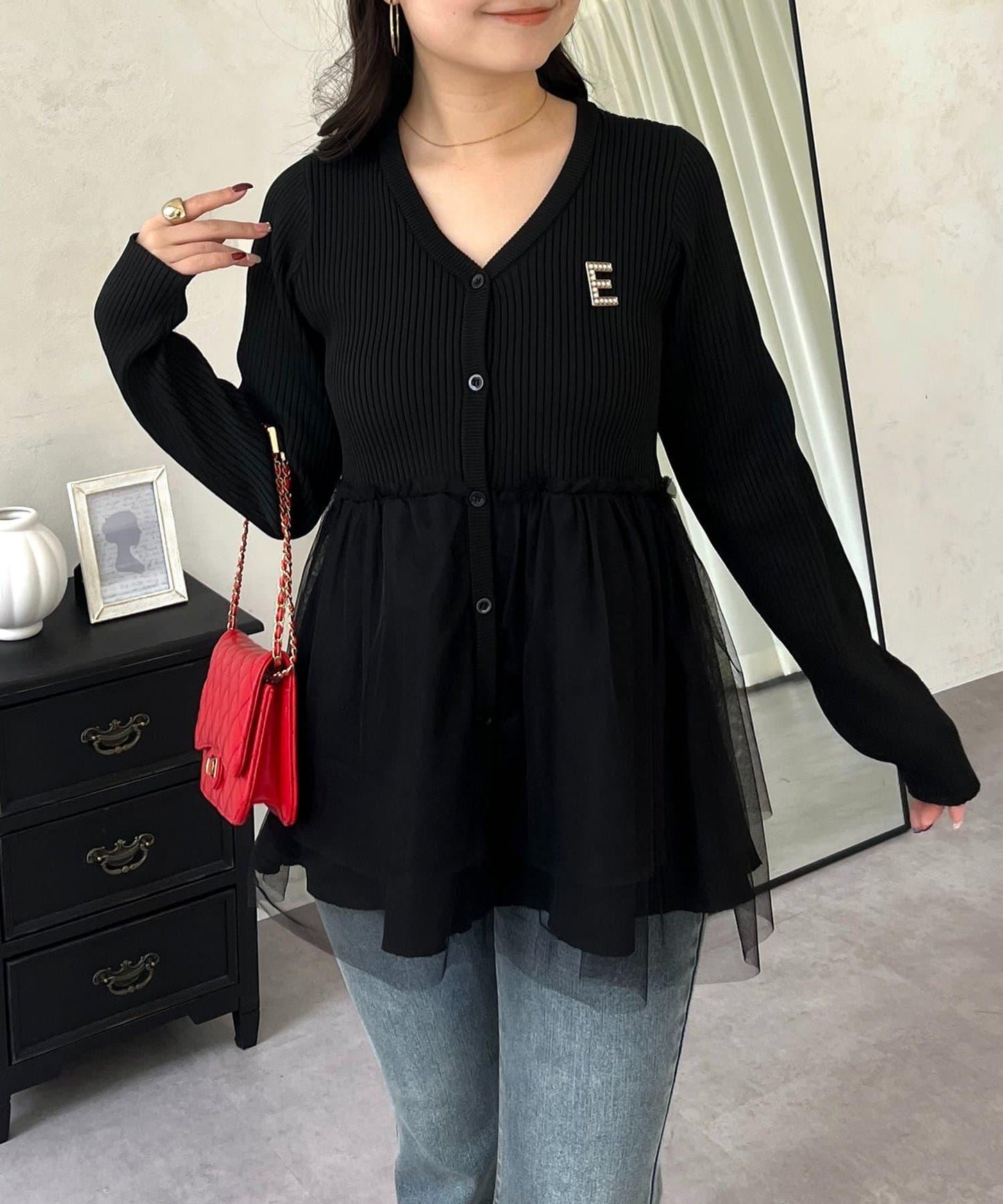 網紗層疊V領荷葉邊開衫